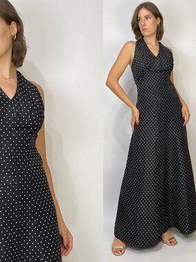 Vintage 1970s Bias Cut POLKA DOT Gown! Small